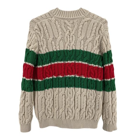 Gucci Cable Knit Cream White Bright Red Green Web Stripe Cardigan Size XS - Picture 2 of 9